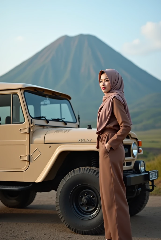 Stunning professional photo of a Korean woman in a hijab, standing next to a classic beige Jeep parked in front of Mount Bromo. Wearing a casual hijab, she posed near a Jeep equipped with radial tires, brightly colored windows and black accents, exuding a sense of adventure. The Bromo savanna illuminates the landscape, creating a harmonious blend of modern and classic elements
Ultra-realistic 8K photograph, shot with a Leica Q2, strong color contrast and sharp clarity --quality 2 --
 

