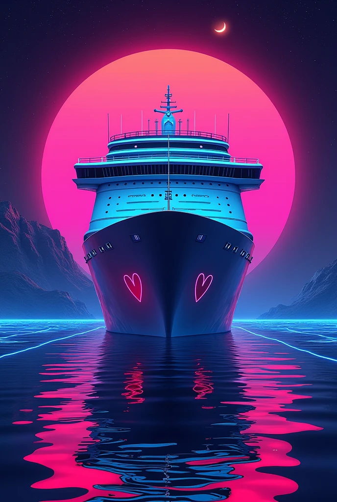 I need an 80s themed Artwork as a poster without people for a Club event which is called LOVE ON DECKS, the name is a pun including the cruise ship and the DJ turn tables. The logo of the party LOVE ON DECKS hast to be visible with an heart instead of an o. The ship the hast to be prominent