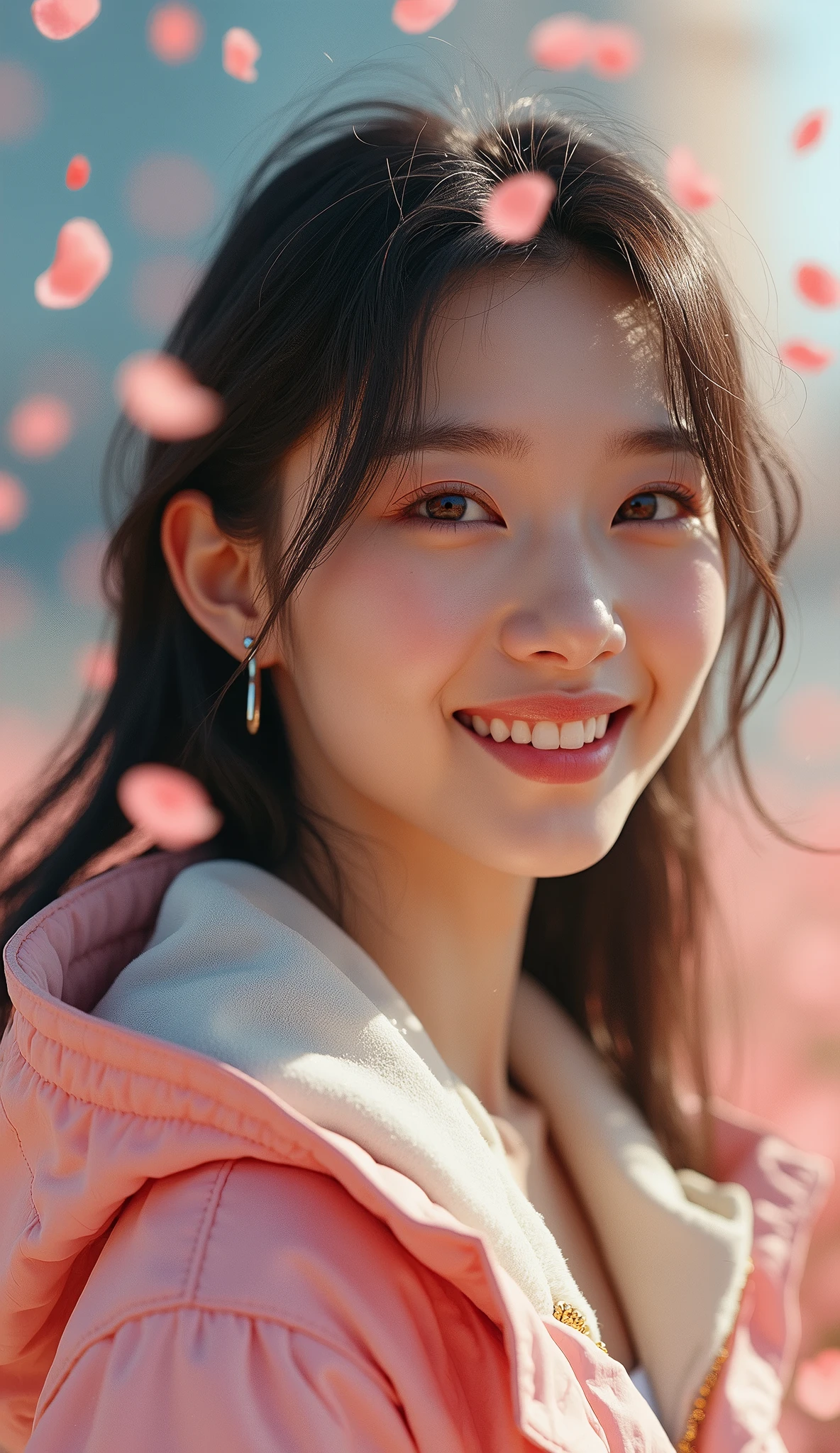 One person、High resolution、smile、High resolution、masterpiece、Anatomically correct、Person Portrait、backgroundのぼかし、Super Real Photo、High resolution、Dramatic image、Korean futuristic casual fashion、dynamic、The shot is taken from a slightly lower angle.、Capture the whole subject、
background:Fine and colorful petals、petals flying around