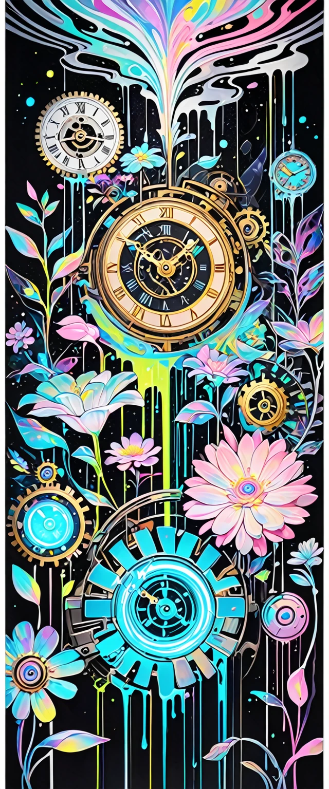 acrylic paintings, clockwork, mysterious clockwork space, labyrinth space divided by neon line lights, dripping fluorescent paint, iridescent flowers blooming from the point of impact, black and white and pastel colors, transparent, mysterious and funny high and fine artwork