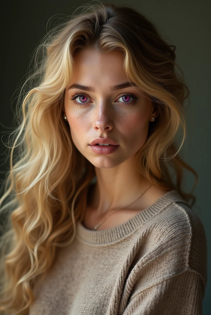 Beautiful woman with long curly blonde hair, purple eyes, long nose, freckles, wearing a wool t-shirt
