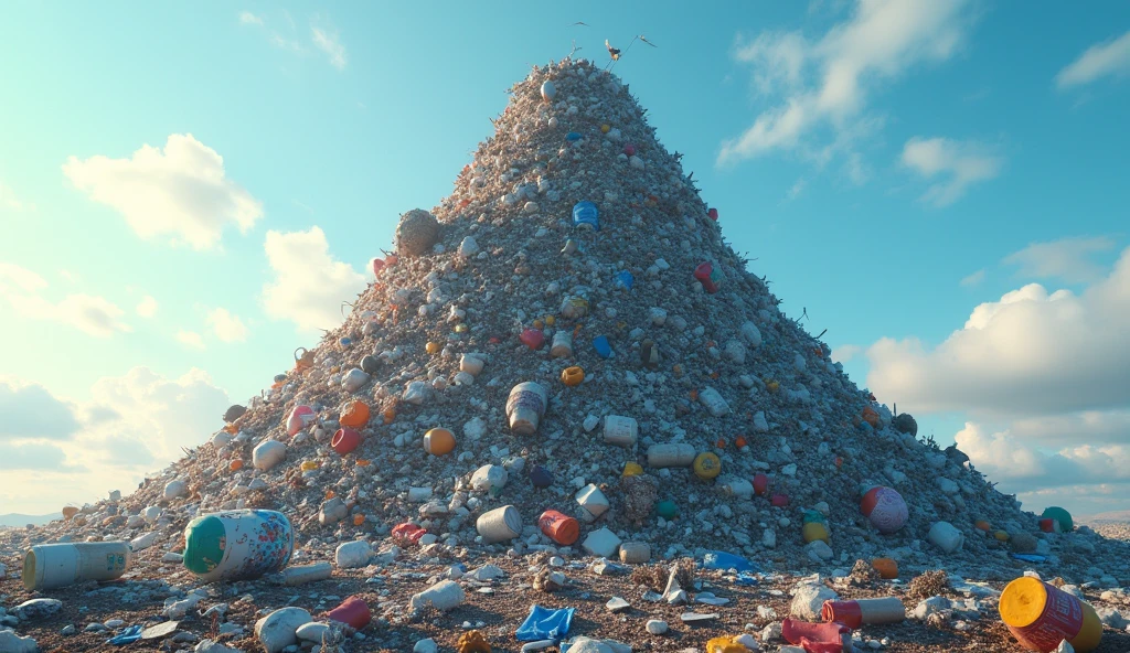 Mountain of rubbish in the centre, blue sky, nice little clouds, light, nice light, realistic, 4k, 8k,