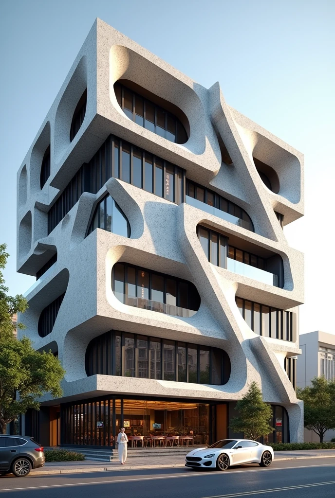 ((best quality)), ((masterpiece)), (detailed), perfect facade architecture , restuarant facade architecture , parametric postmodern maximal exterior view , high qulity rendering architecture ,sunny day , , 6th floors , white and black stone material , in the city in tehran , a car parked in front of the building , high detail , modern architecture , maximal facade architectur , commercial restuarant facade architectural