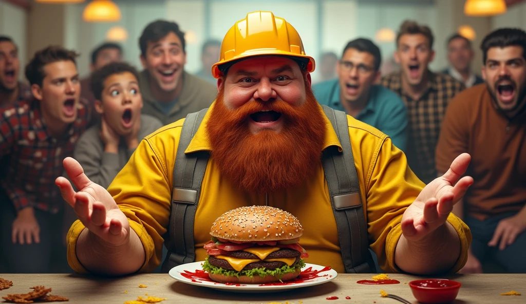 a very fat man, with construction helmet, he is sitting in a diner with a very large hamburger on his plate, he's wide-eyed, he has a medium red beard, (he has his hands open with the palm facing up making the shrug expression:2.0), (shrug:2.0), he is red with shame, his face and beard are dirty with ketchup and mustard, people are outraged behind him, open-mouthed people, people with their hands over their mouths, realisitic, epic scene, ultra detaild, detailed ambient,