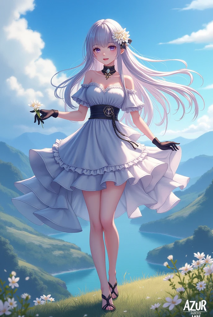 masterpiece, best quality, extremely detailed 8K wallpaper, 1girl, outdoors, Helena(Azur lane),strapless dress, dress, layered dress,white flower, hair ornament, purple eyes, (choker), outline, (black gloves), bare legs,