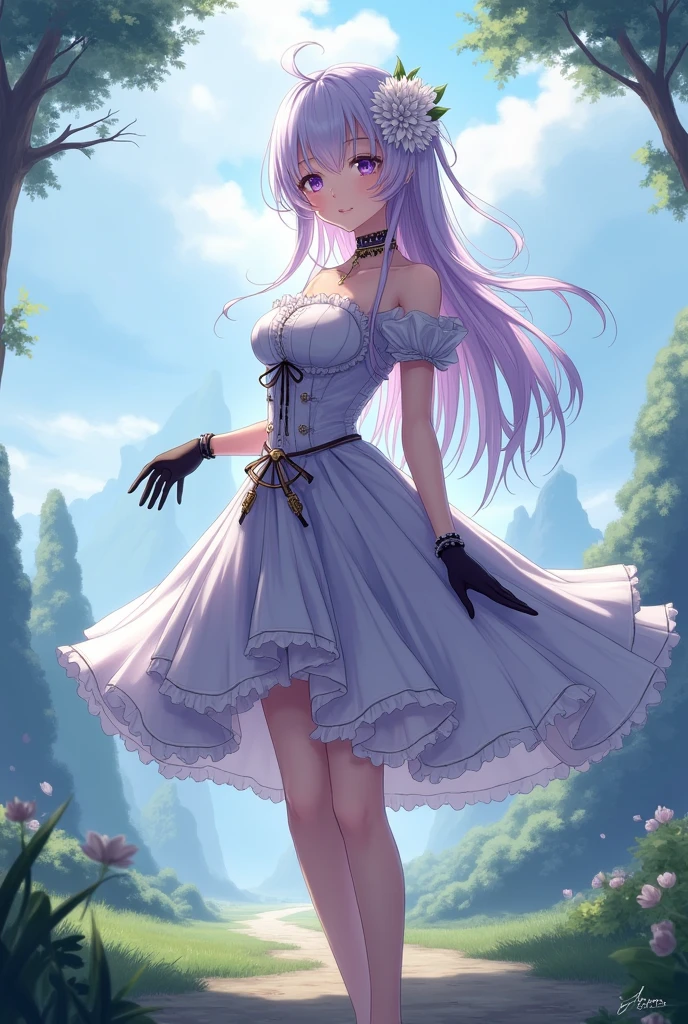 masterpiece, best quality, extremely detailed 8K wallpaper, 1girl, outdoors, Helena(Azur lane),strapless dress, dress, layered dress,white flower, hair ornament, purple eyes, (choker), outline, (black gloves), bare legs,