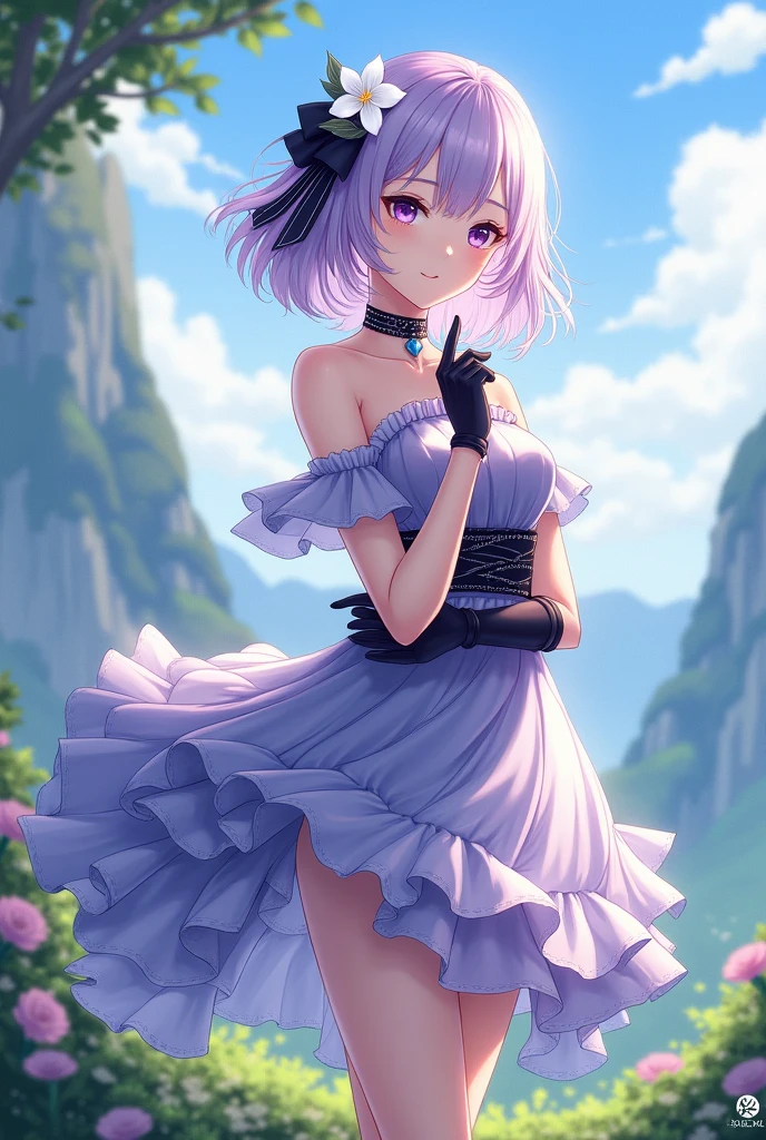 masterpiece, best quality, extremely detailed 8K wallpaper, 1girl, outdoors, Helena(Azur lane),strapless dress, dress, layered dress,white flower, hair ornament, purple eyes, (choker), outline, (black gloves), bare legs,