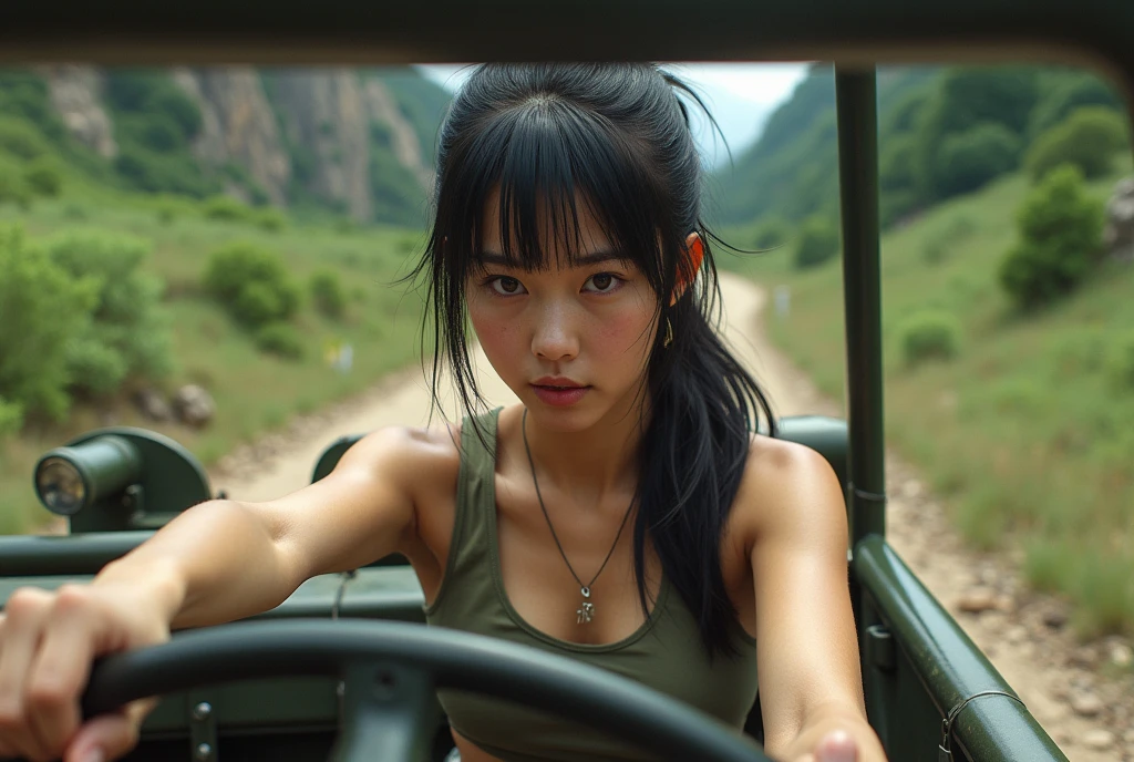 photograph, A Japanese woman driving an open-top military jeep through the wilderness, 2, ponytail, Olive drab tank top, Cigarette in mouth, High resolution, Anatomically correct, Highest quality, High detail, Very detailed, Textured skin, 
