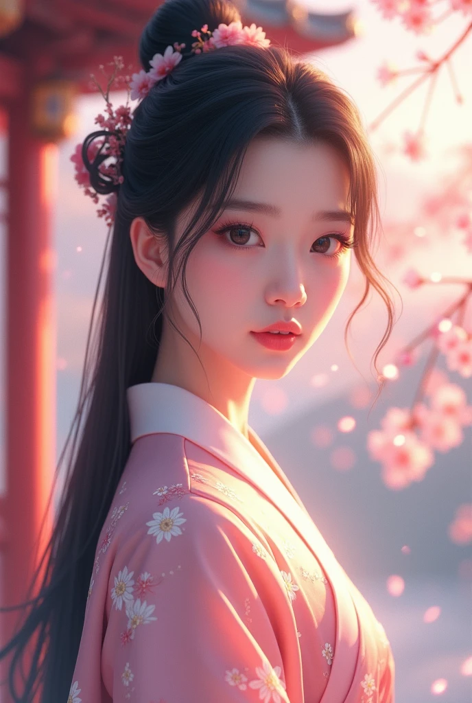 An 8K ultra high-definition cinematic rendering of a romantic anime-style medium shot of a girl with long, dark hair wearing a traditional Korean hanbok in soft pastel colors with delicate floral patterns. She has soft, expressive eyes and is standing in a dreamy, romantic setting with subtle symbols of Korean culture, such as a soft depiction of the roof of a traditional Korean palace, cherry blossoms, and soft lantern lights. The background is blurred and contains a soft depiction of the roof of a traditional Korean palace, cherry blossoms, and soft lantern lights.1 , Solo, Rubor, Olhando para o espectador, Cabelo preto, Alta resolução, Obra-prima, Preciso, Melhor qualidade, Detalhe, Modelo HD, Ultra HD, Cabelo comprido, Riso, Rubor, Envergonhado, Ukiyo-e, Renderização 3D, Cartaz de propaganda americana, Art Nouveau, Cinematografia, Hiper-realismo, Hiperdetalhado, Fotografia de retrato,