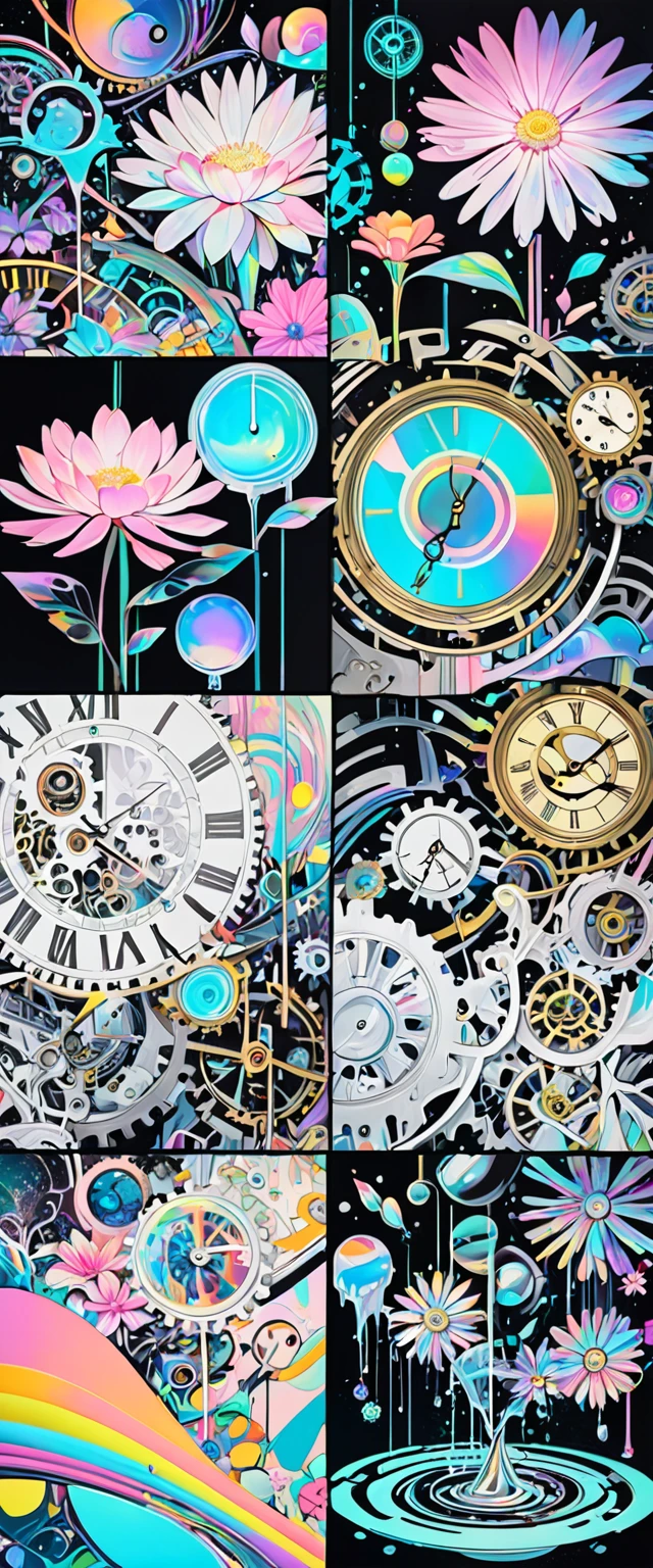 collage paintings, clockwork, mysterious clockwork space, labyrinth space divided by neon line lights, dripping fluorescent paint, iridescent flowers blooming from the point of impact, black and white and pastel colors, transparent, mysterious and funny high and fine artwork