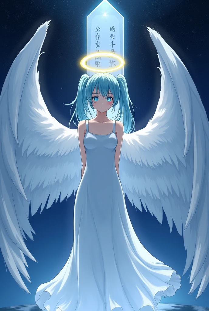 work of art, best qualityer, hatsune miku, white gown, angel, angel wings, golden halo, darkness background, trunk, (cloused mouth:1.2), looking ahead at viewer, arms behind the back, blue theme, stele, stary night