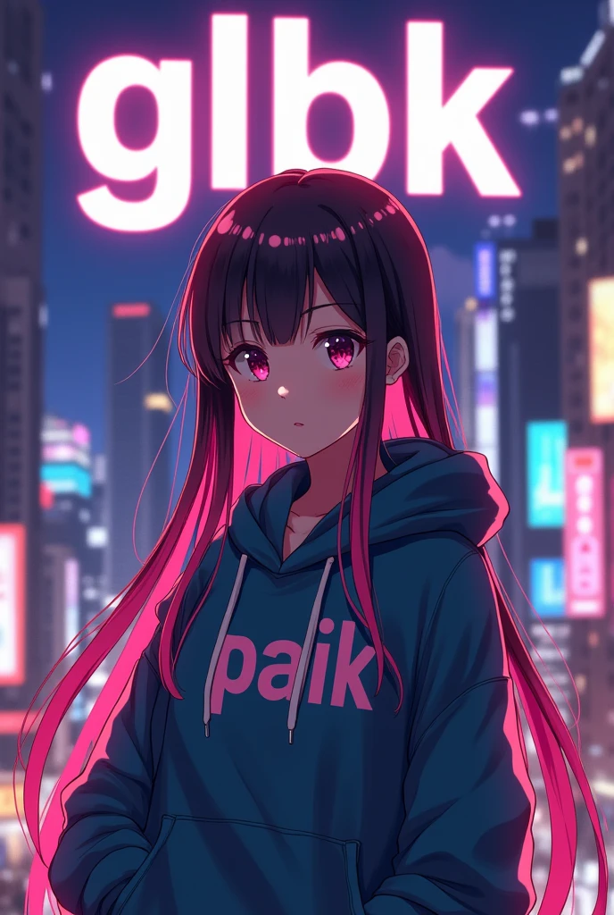 Create anime character;
{background: building capital HD text: “GLBK” in center-top, night}, tanned skin,
realistic, HDR, beautiful, japan style, full body, age 20, hoodie HD text: “Paik”, female, color Gradient hair, long hair, boobs size: F