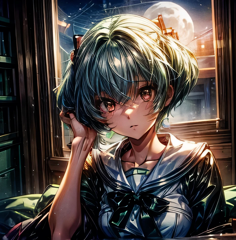 moon School night Rei Ayanami Green hair beautiful girl