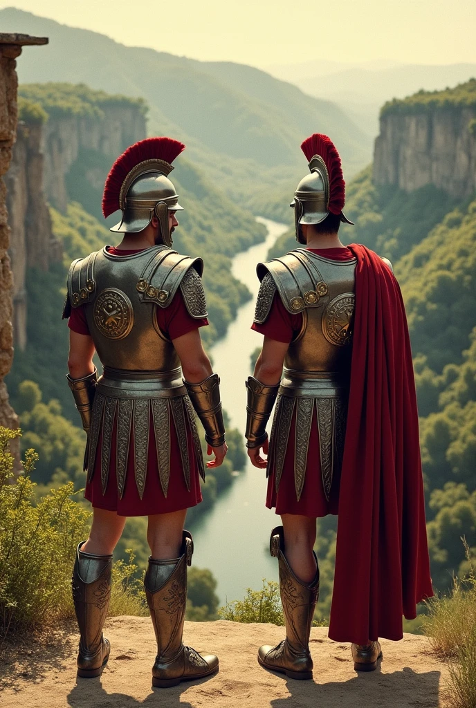 (photorealism:1.2), two Roman warriors in traditional armor, standing side by side with their backs to the viewer. They gaze out over a dramatic cliff edge. Below them, a winding river snakes through a lush valley. To achieve an old book style, think of using sepia tones or muted colors with a textured, hand-drawn quality. You could use hatching or cross-hatching techniques to give the image depth and detail, much like illustrations from historical manuscripts or classic books, book cover style