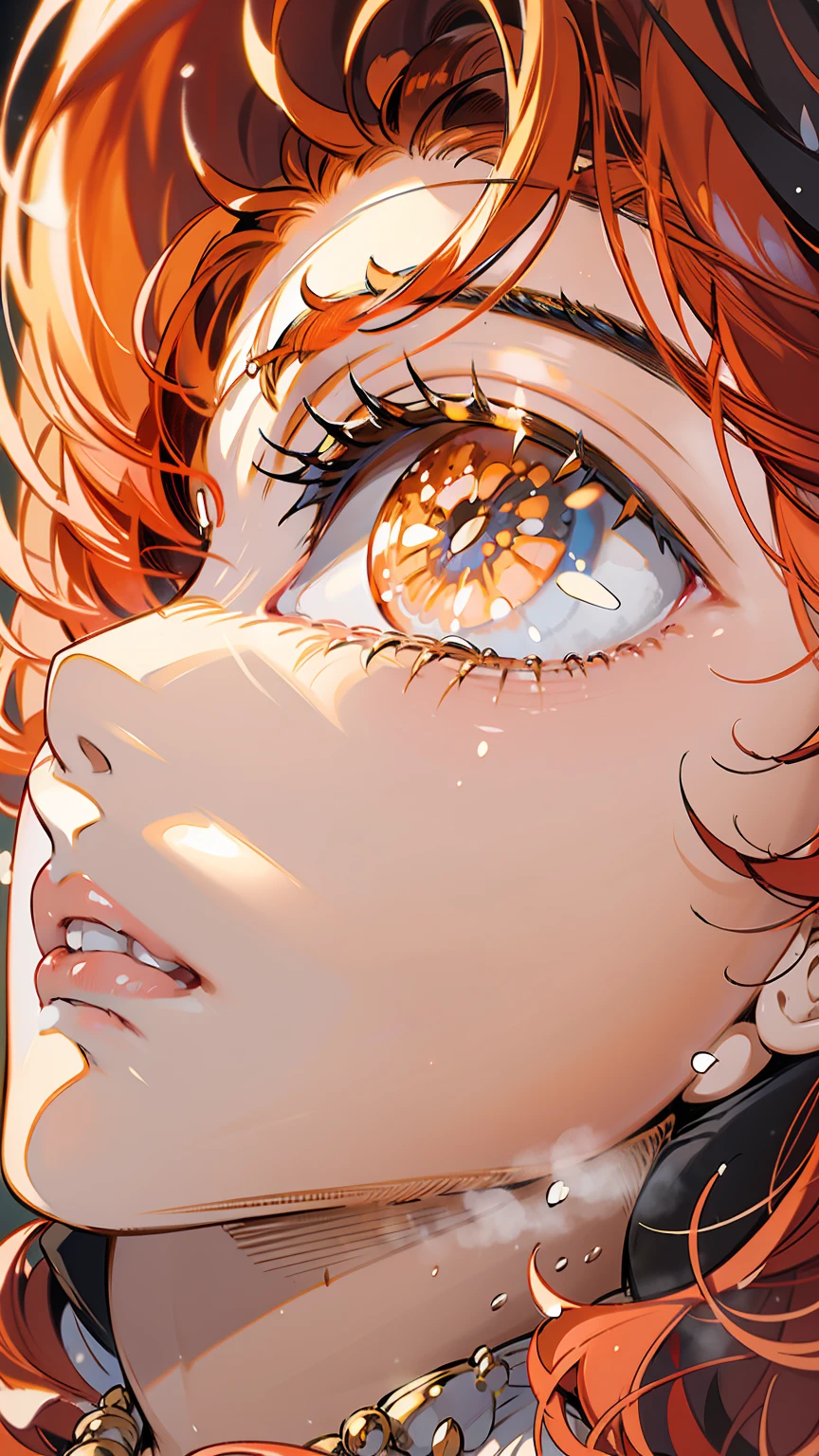 ((best quality)), ((masterpiece)), ((Romance Fantasy)), ((illustration)), (detailed), (clear), (Perfect), 1 woman, mature, upstage, A jealous look, long orange curly hair, tanned skin, frowning eyebrows, Vermilion eyes, abundant eyelashes, Twinkle-free, red lips, This is a gritted tooth, big bust, small waist, white dress, Diamond necklace, clenched fist posture, A sideways glance