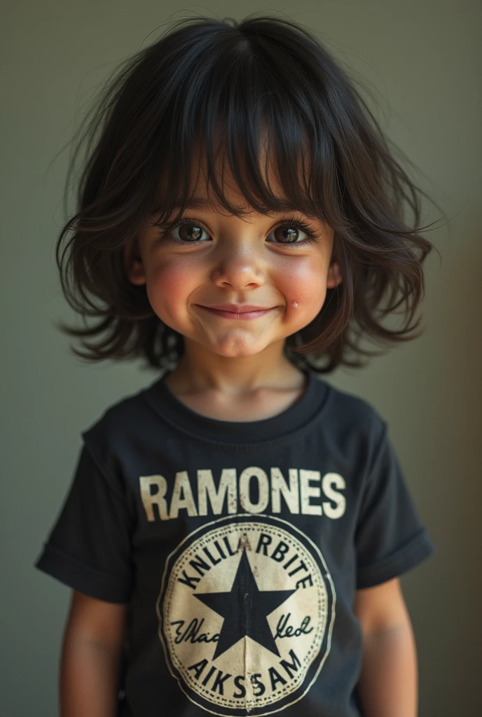 a  child, Brunetette, with the ramones t-shirt, allstar, crying and smiling
