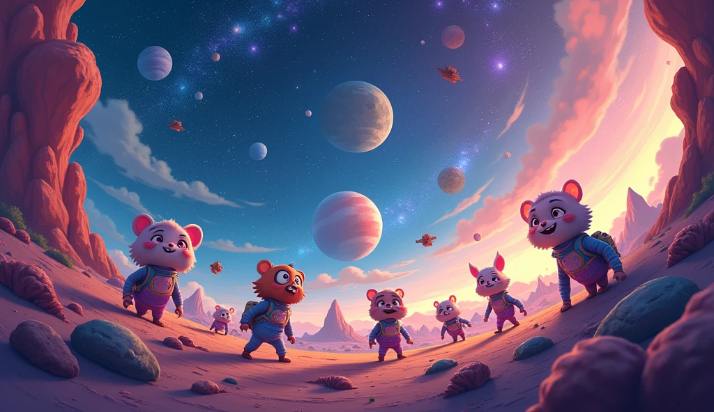 Realistic cartoon characters in space