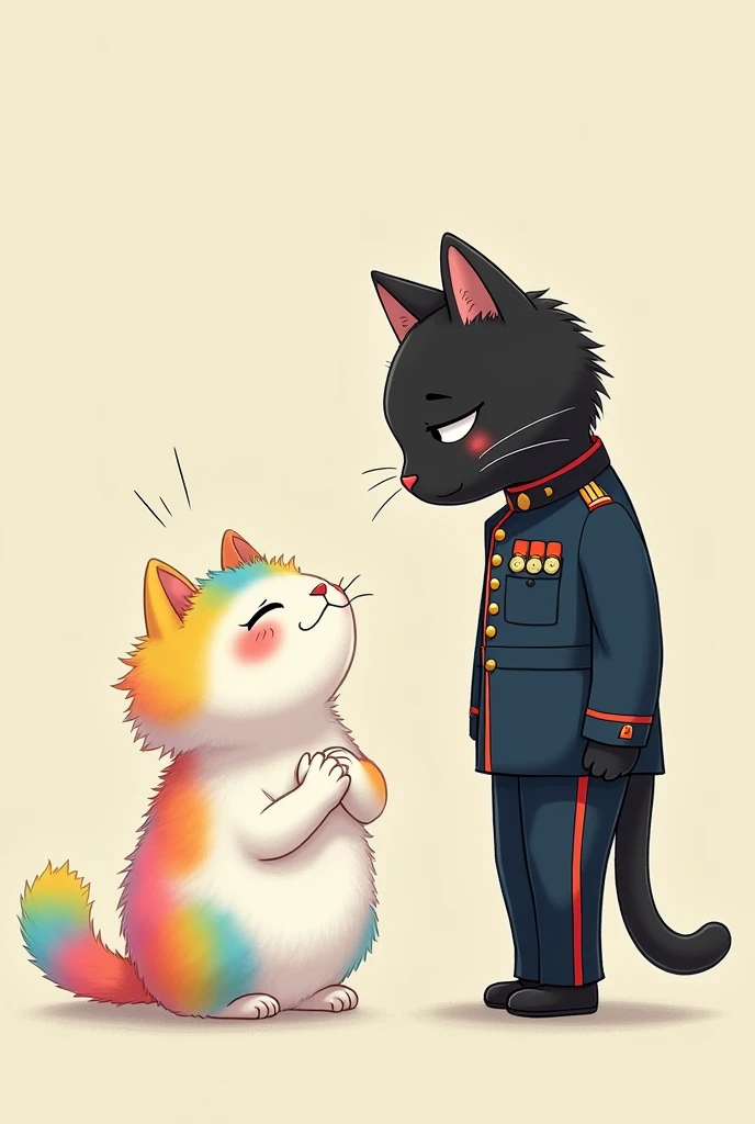 Image 11**: The rainbow-colored white furry cat is wearing one piece giving the long height black cat wearing a army dress a flying kiss as he walks away. She has a tear rolling down her cheek, but she also has a small smile, showing she's happy for him real qusly image generator.