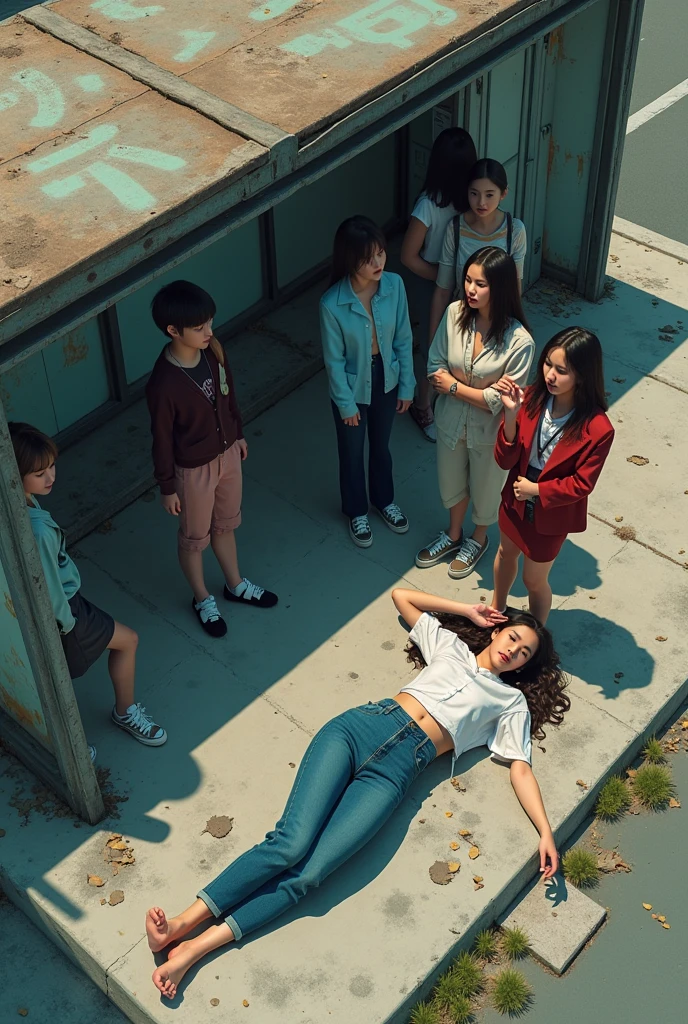 (An old and shabby bus stop).Korean woman.Korean girl group women.(A woman is lying on the floor of the bus stop.)Looking at women from above.