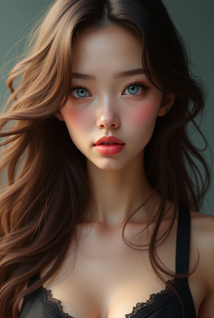 1girl, Long Hair, Blush, Blue eyes, Brown Hair, Very Long Hair, Tongue,