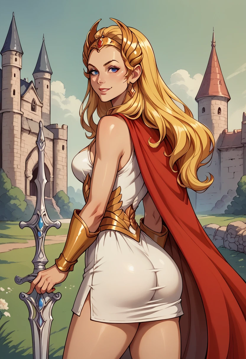 score_9, score_8_up, score_7_up, BREAK, score_9, smile, sh3ra, blonde hair, blue eyes, golden tiara, white dress, white skirt, golden armour, red cape, broadsword, looking at viewer, cowboy shot, ass, from behind, medieval, castle