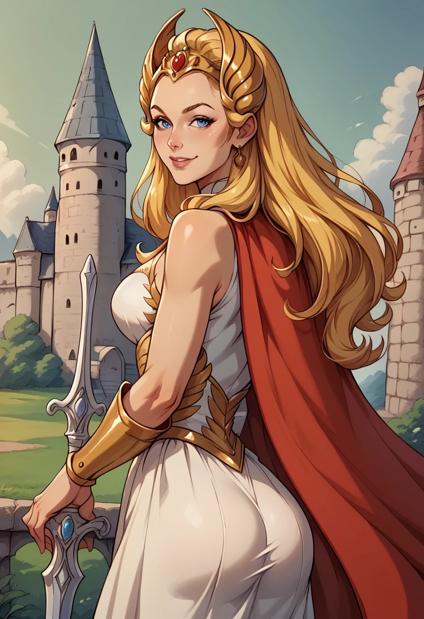 score_9, score_8_up, score_7_up, BREAK, score_9, smile, sh3ra, blonde hair, blue eyes, golden tiara, white dress, white skirt, golden armour, red cape, broadsword, looking at viewer, cowboy shot, ass, from behind, medieval, castle