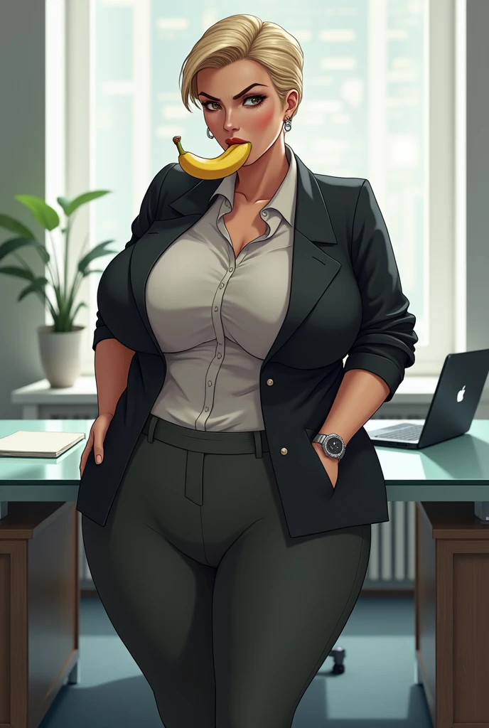 50 years old, A woman with short blonde haire, square cut Real women, she has an hourglass figure, she has a surreal, hentai-like physique, with exaggerated curves that showcase large buttocks and voluminous breasts, she is verry slim

Executive: Elegant woman
Outfit:
Jacket: fitted black blazer.
Top: White silk blouse, slightly sheer.
Bottom: Charcoal gray cigarette pants.
Shoes: Black pumps with heels.
Accessories: Silver metal watch and discreet earrings.
Modern desk: Glass desk with laptop.
Banana: In mouth, held with one hand.
Eyes: Angry, eyebrows furrowed, focused on work.