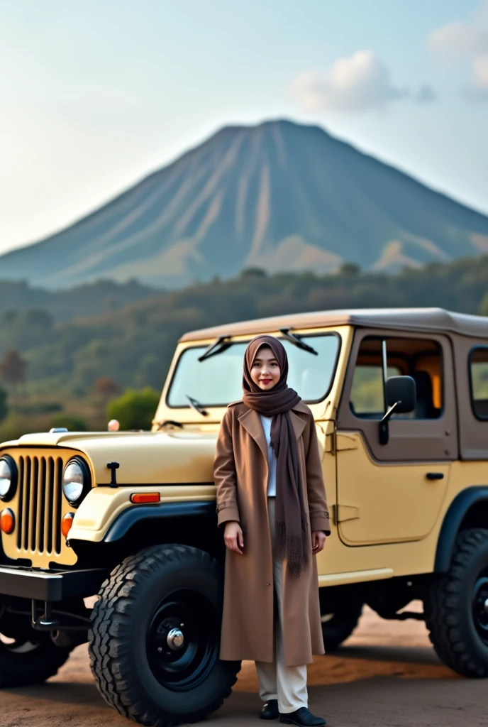 Stunning professional photo of a Korean woman in a hijab, standing next to a classic beige Jeep parked in front of Mount Bromo. Wearing a casual hijab, she posed near a Jeep equipped with radial tires, brightly colored windows and black accents, exuding a sense of adventure. The Bromo savanna illuminates the landscape, creating a harmonious blend of modern and classic elements
Ultra-realistic 8K photograph, shot with a Leica Q2, strong color contrast and sharp clarity --quality 2 --