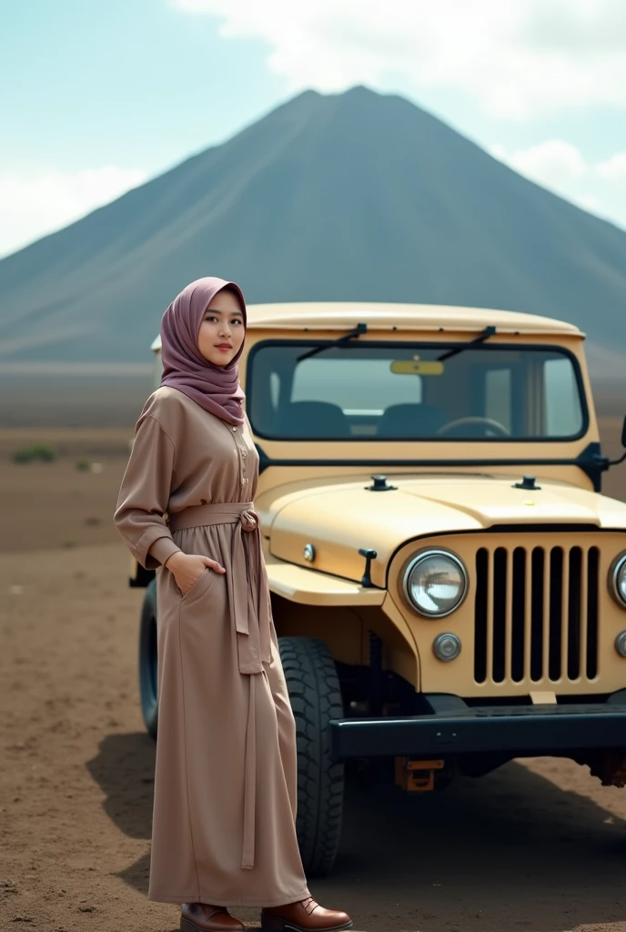 Stunning professional photo of a Korean woman in a hijab, standing next to a classic beige Jeep parked in front of Mount Bromo. Wearing a casual hijab, she posed near a Jeep equipped with radial tires, brightly colored windows and black accents, exuding a sense of adventure. The Bromo savanna illuminates the landscape, creating a harmonious blend of modern and classic elements
Ultra-realistic 8K photograph, shot with a Leica Q2, strong color contrast and sharp clarity --quality 2 --