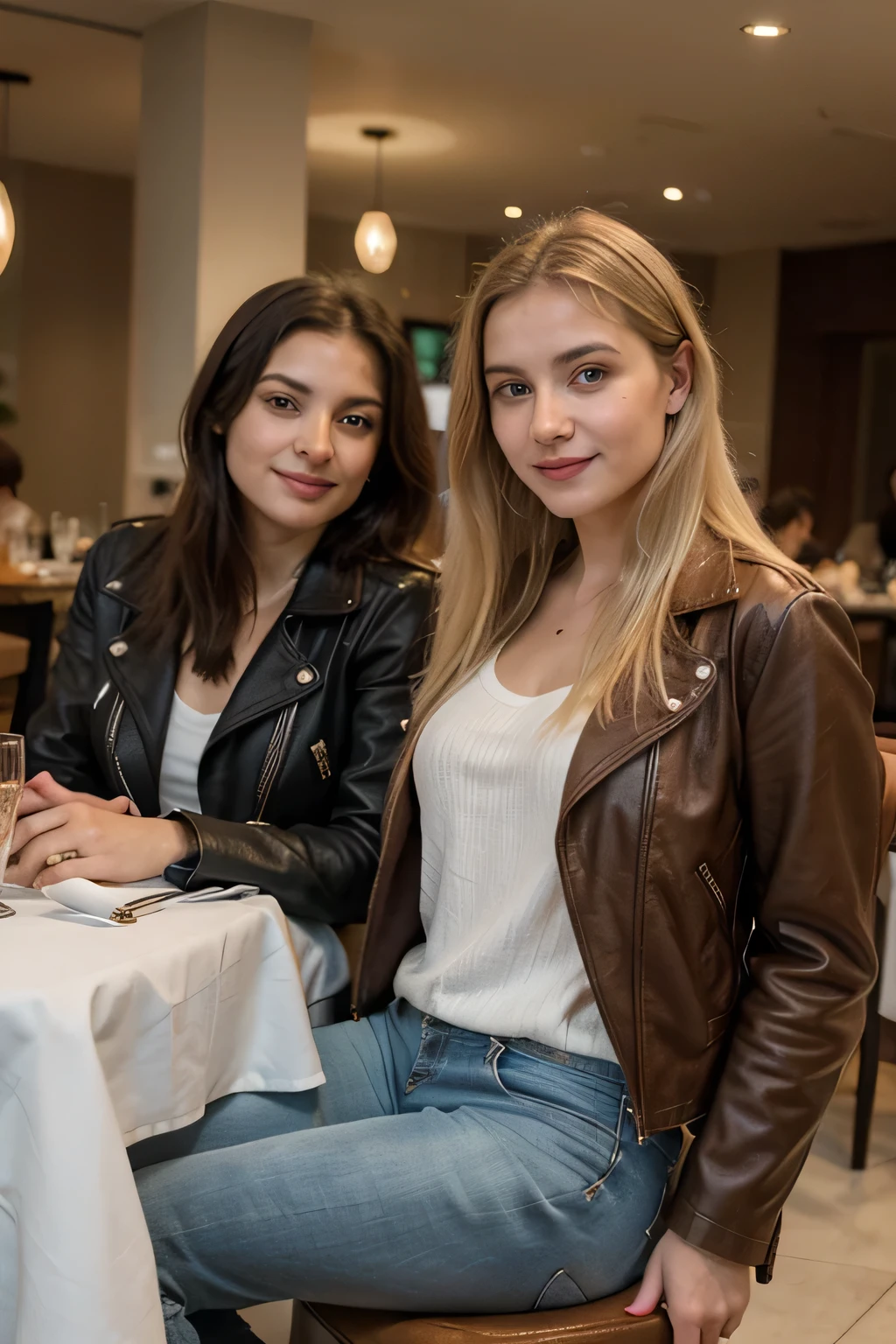 ((best quality)), ((masterpiece)), (detailed), a 2 beautiful Indian girl with long hair smiling face beautiful eyes wearing a brown leather jacket and jeans pant sitting with another foreign white British girl golden white hair wearing modern fashion dress in a restaurant dinner table