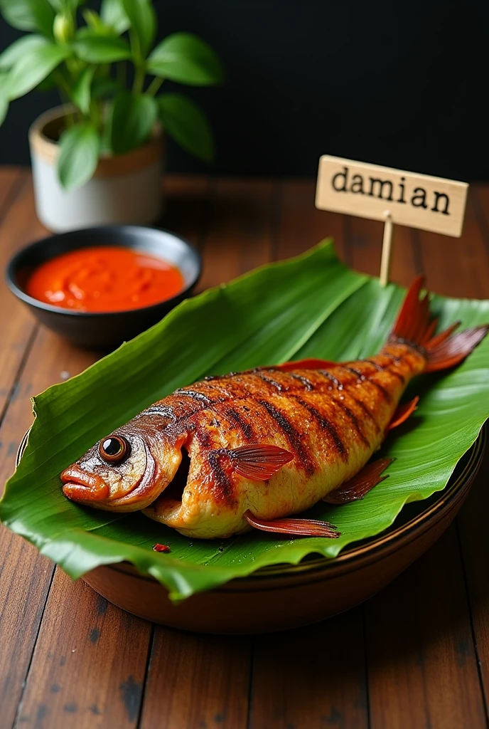 realistic photo of an indonesian grilled fish (ikan nila bakar) with banana leaf platting with sambal on its side, and a desk sign "DAMIAN"