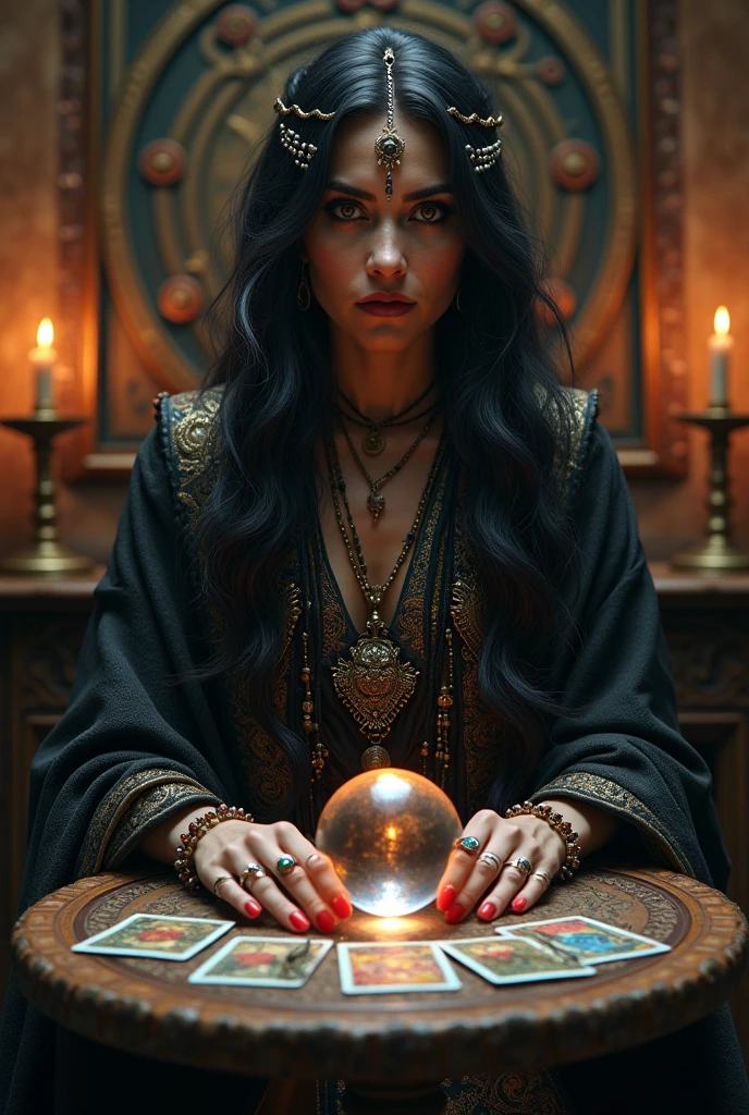 A mysterious and enigmatic fortune teller is seated at a small, round wooden table covered with a deep purple velvet cloth. The fortune teller, a middle-aged woman with long, wavy black hair adorned with silver and gold beads, is wearing a long, dark gown with intricate patterns and a shawl with mystical symbols embroidered in shimmering thread. Her eyes are intense, framed by dark eyeliner, and she has several rings with large, colorful gemstones on her fingers. In front of her, a deck of tarot cards is spread out, and a crystal ball emits a soft, ethereal glow. The room is dimly lit by candles, casting shadows on the walls covered with ancient tapestries and mysterious symbols. The atmosphere is thick with an air of mystery and ancient wisdom. The fortune teller should be centered, staring directly at the camera, with the table in front of her in the middle of the image.