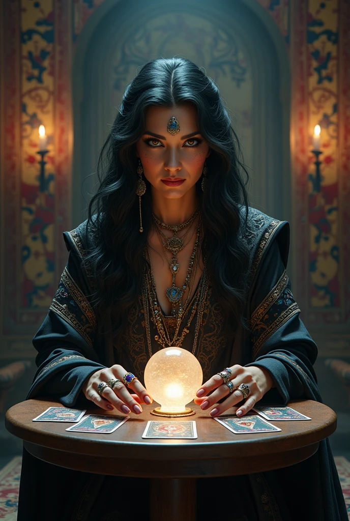 A mysterious and enigmatic fortune teller is seated at a small, round wooden table covered with a deep purple velvet cloth. The fortune teller, a middle-aged woman with long, wavy black hair adorned with silver and gold beads, is wearing a long, dark gown with intricate patterns and a shawl with mystical symbols embroidered in shimmering thread. Her eyes are intense, framed by dark eyeliner, and she has several rings with large, colorful gemstones on her fingers. In front of her, a deck of tarot cards is spread out, and a crystal ball emits a soft, ethereal glow. The room is dimly lit by candles, casting shadows on the walls covered with ancient tapestries and mysterious symbols. The atmosphere is thick with an air of mystery and ancient wisdom. The fortune teller should be centered, staring directly at the camera, with the table in front of her in the middle of the image.