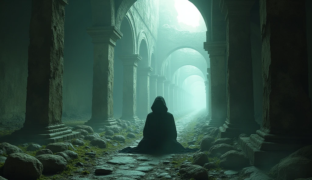(ultra detailed), Ancient ruins、Ancient ruinsで座り込む主人公をカメラが斜め上から捉える。looking at the camera、A mysterious light shines into the ruins.、Fantastic atmosphere。