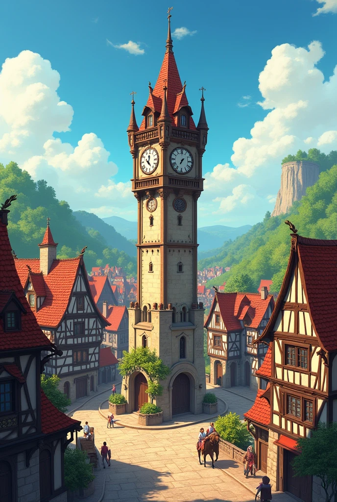 generate an animated image of a medieval city and an old clock in the middle
