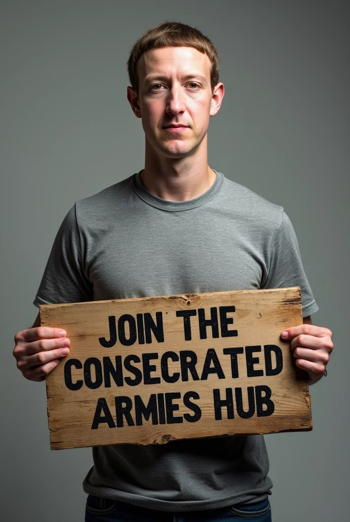 Mark Zuckerberg holding a plank written join the Consecrated Armies Hub