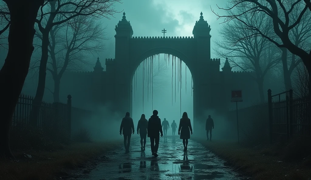 As the teenagers reach the gate, a sudden chill sweeps through the air, and a thick mist envelops the area. Blood droplets begin to fall from the gate, creating a sense of impending doom."