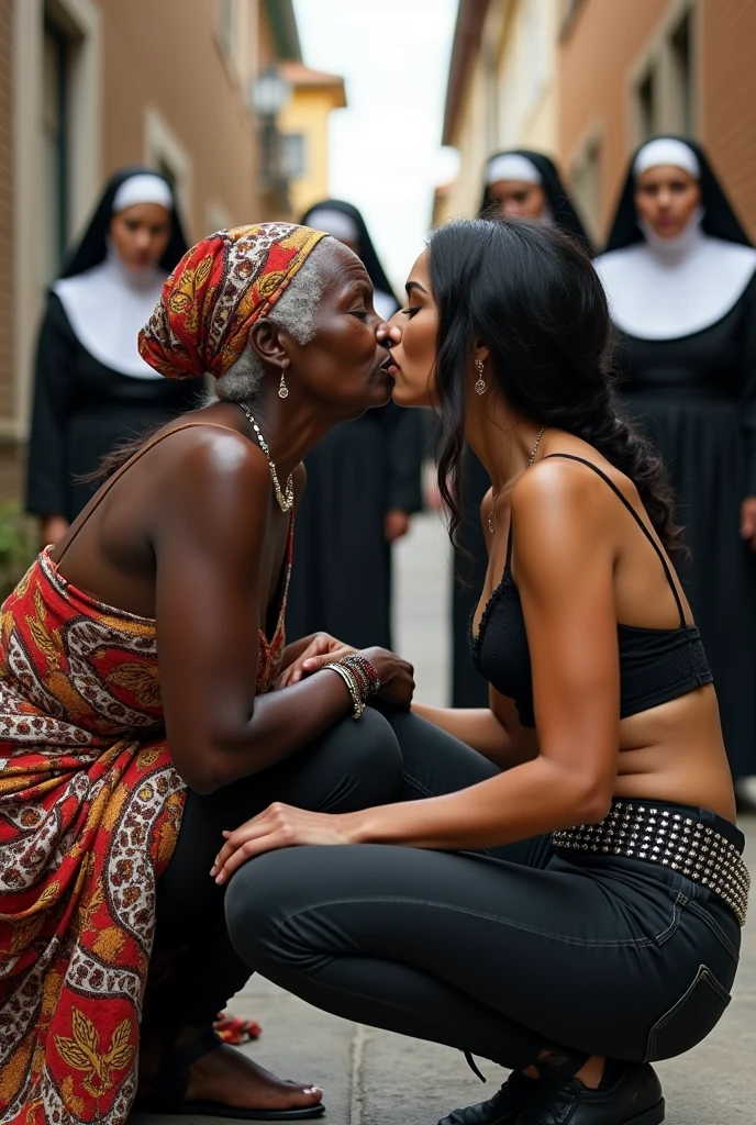 Black very old african woman in colourful traditional african clothes kisses agressively, manhandling, a white pale weak tattoed thin rocker woman in low rise skinny black jeans with studded belt and push up black lace bra (with wide straps) , both squatting on a narrow street, nuns looking in the background