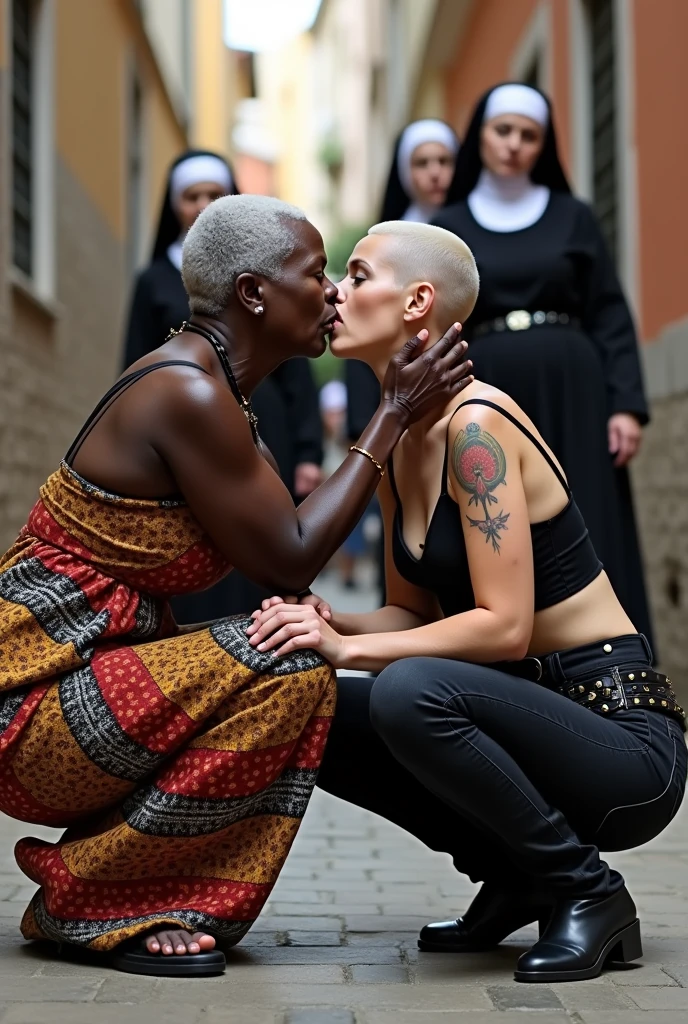 Black very old african woman in colourful traditional african clothes kisses agressively, manhandling, a white pale weak tattoed thin rocker woman in low rise skinny black jeans with studded belt and push up black lace bra (with wide straps) , both squatting on a narrow street, nuns looking in the background