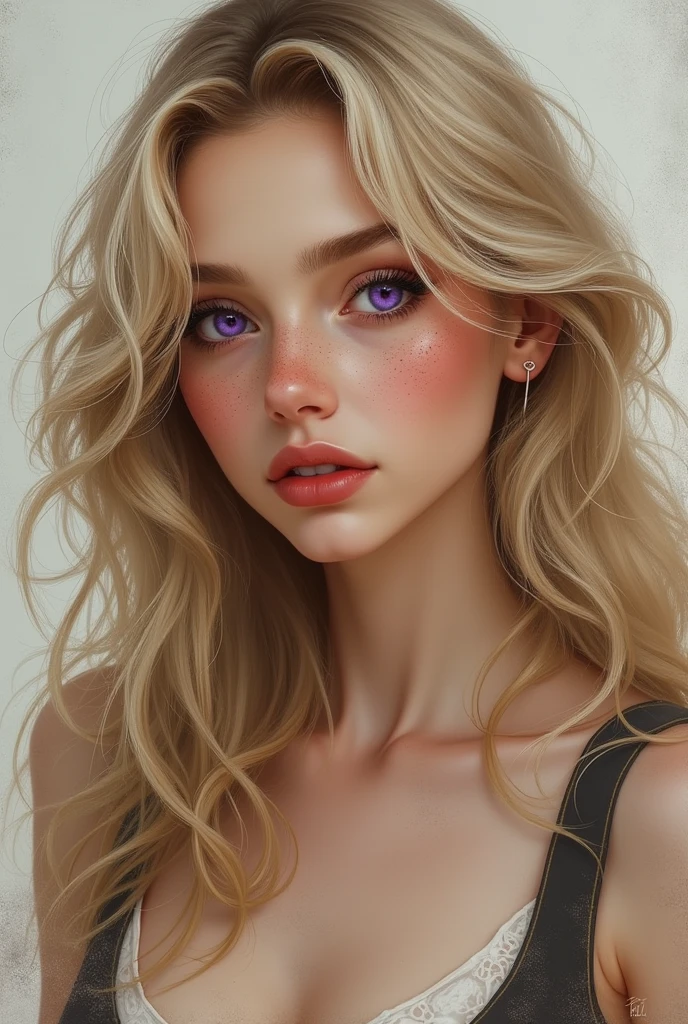 Beautiful woman with long curly blonde hair, purple eyes, long nose, freckles, wearing a vest