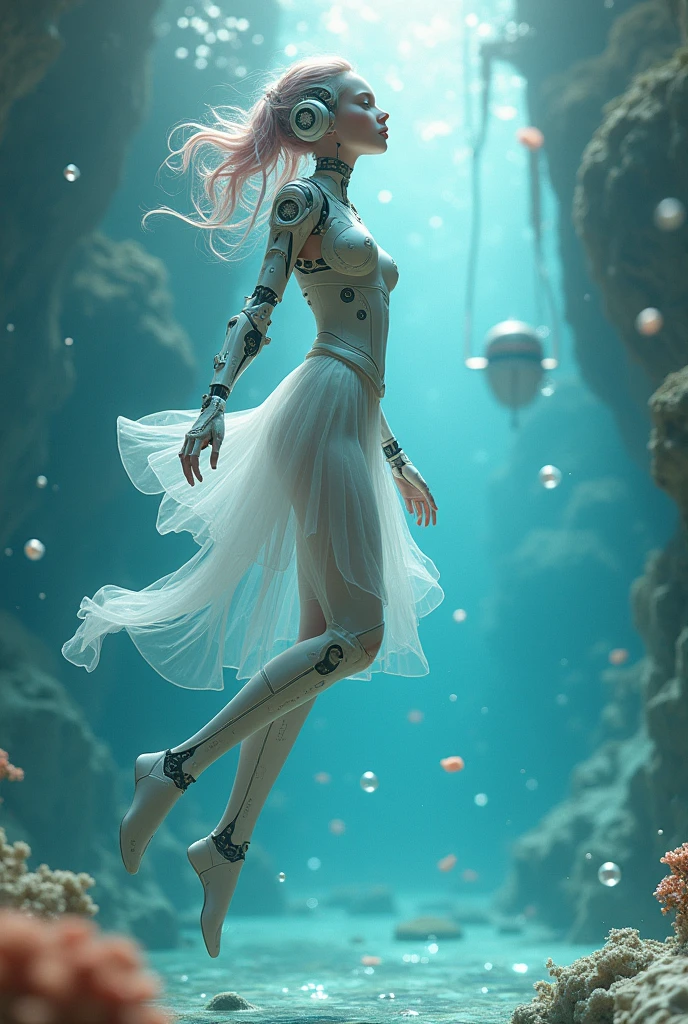 Model shooting style, Sea view,Translucent ethereal mechanical beautiful girl,Head above water level,rosy cheeks,Futuristic girl,Mechanical joints,Eyes sharp and looking squarely,perspective rear view,shallow swimming,Close-up of futuristic underwater translucent dragon palace,colorful scene, Beautiful Milky Way in the background,Art bud, shattered glass, ((Bubble underwater scenery)) ,Radiant Octane render in great detail,photography:Brandon Woelfelmist,surreal dreamscape,Surrealist art fantasy style,Epic digital fantasy art style,lute,HDR,Beautiful Sci-Fi Art, Sci-fi digital art illustration, Digital Cyberpunk Art, Science Fiction Digital, Futuristic numbers, Futuristic Concept Art, Sci-fi suspension cyberpunk, Cyberpunk Atlantis Landscape, Science Fiction Digital艺术, 高级Digital Cyberpunk Art, Fantastic cyberpunk girl(best quality,4K,8K,high resolution,masterpiece:1.2), (Practical,Reality,Photo-real:1.37). information,