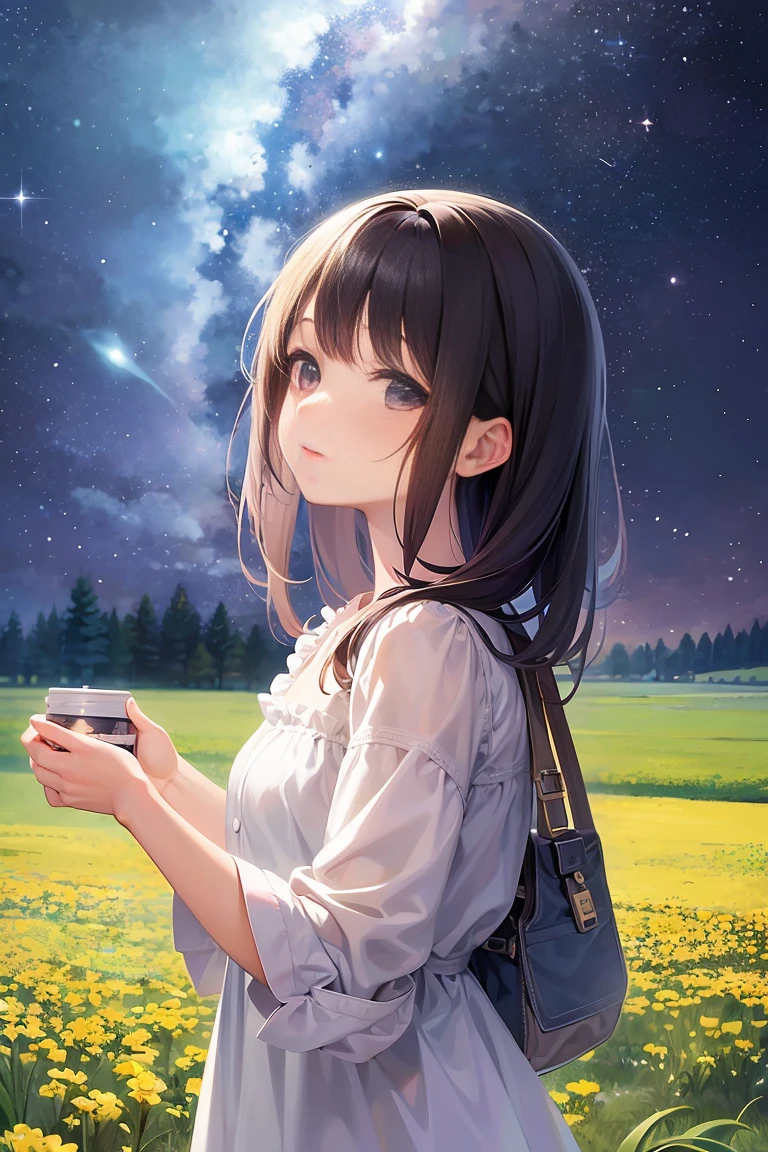 A girl on a meadow,Stars twinkling in the sky,Shining Star,milky way,I look up and see,Pure World,masterpiece,Highest quality,最高masterpiece,Detailed anime art,Digital Art,