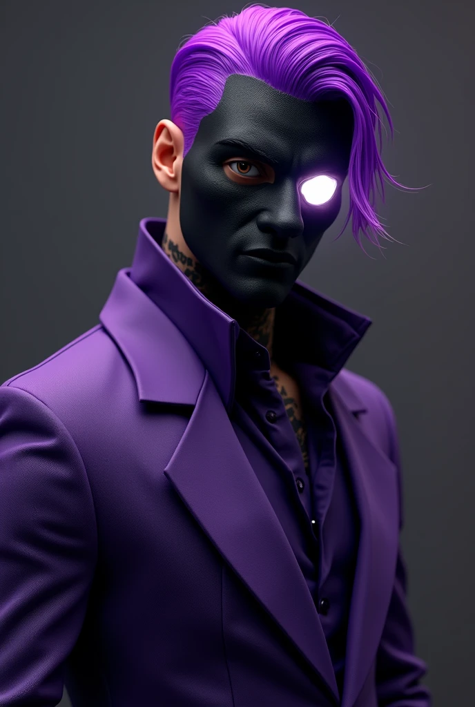 Man with purple hair glowing eye bandit mask purple suit 3d