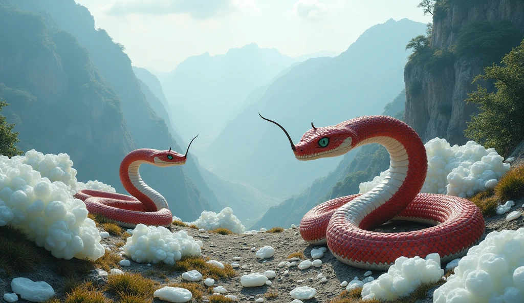 There is white jade ore on the mountain，There are also pit vipers with red and white rings on their bodies and spikes on their noses.（best quality，4K，8k，High level，masterpiece：1.2），Ultra Detailed，（lifelike，Photo real，Photo real：1.37）