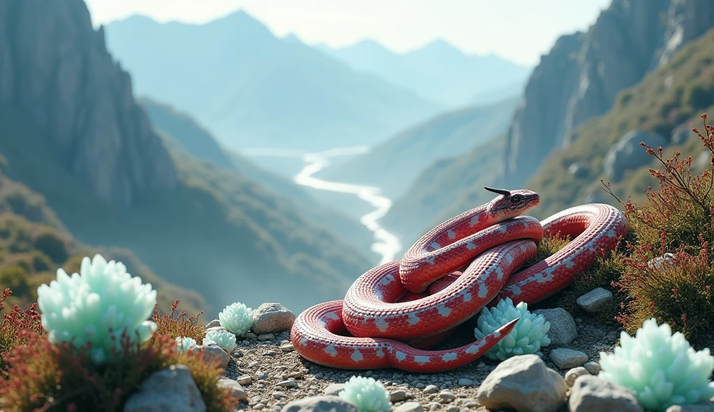 There is white jade ore on the mountain，There are also pit vipers with red and white rings on their bodies and spikes on their noses.（best quality，4K，8k，High level，masterpiece：1.2），Ultra Detailed，（lifelike，Photo real，Photo real：1.37）