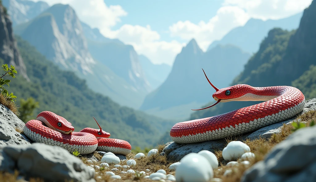 There is white jade ore on the mountain,There are also pit vipers with red and white rings on their bodies and spikes on their noses.(best quality,4K,8k,High level,masterpiece:1.2),Ultra Detailed,(lifelike,Photo real,Photo real:1.37)