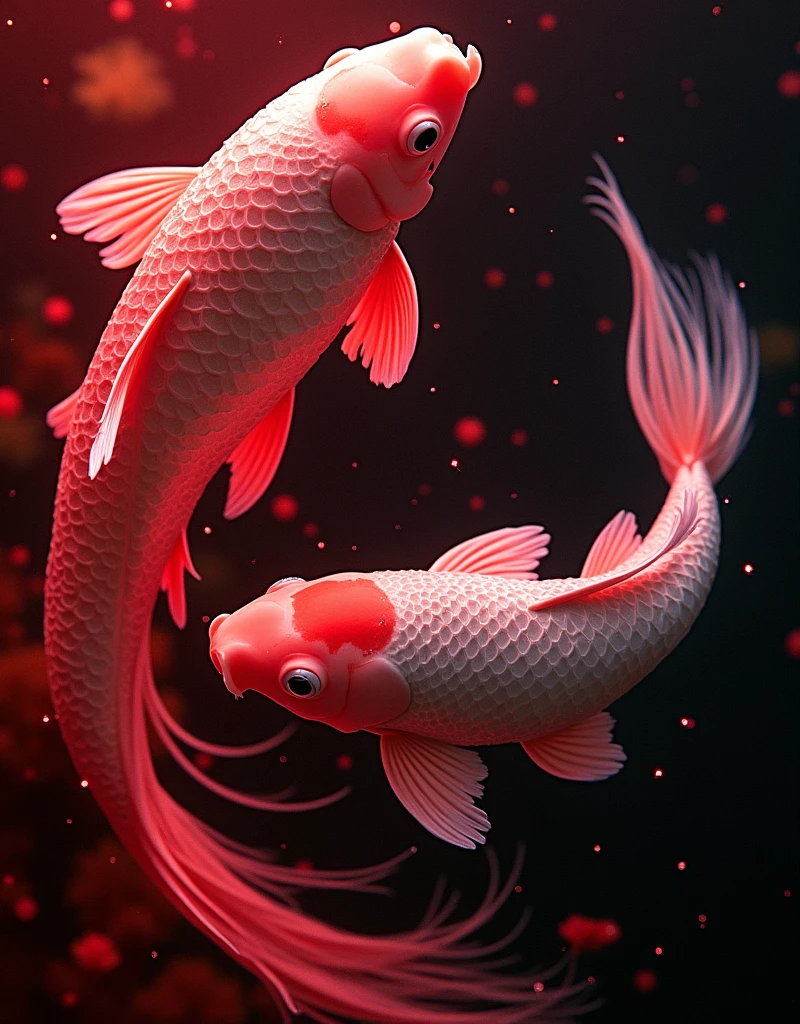 photo RAW, (Black, dark red and neon pink : Portrait of 2 ghostly long tailed white koi, woman, shiny aura, highly detailed, red filigree, intricate motifs, organic tracery, Januz Miralles, Hikari Shimoda, glowing stardust by W. Zelmer, perfect composition, smooth, sharp focus, sparkling particles, lively coral reef background Realistic, realism, hd, 35mm photograph, 8k), masterpiece, award winning photography, natural light, perfect composition, high detail, hyper realistic