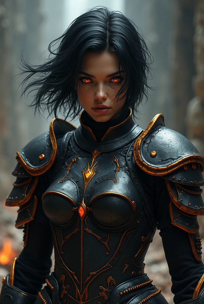 woman berserker, perfect detailed orange eyes, perfect detailed short black hair, black steel armor, orange details, line art, best quality, 4k, 8k, highres, masterpiece:1.2, ultra-detailed, realistic, photorealistic, photo-realistic:1.37, HDR, UHD, studio lighting, ultra-fine painting, sharp focus, physically-based rendering, extreme detail description, professional, vivid colors, bokeh, digital art, fantasy, dramatic lighting, cinematic