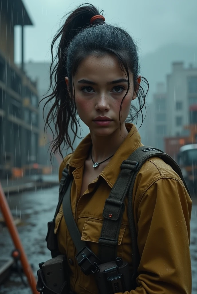 A beautiful 20 year old woman working on construction projects during a rainstorm、Wearing work clothes and swinging her ponytail、A frontal shot of a man facing the elements with a serious expression
