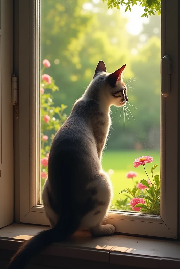 A cat from outside his house looking in through the window at his owner